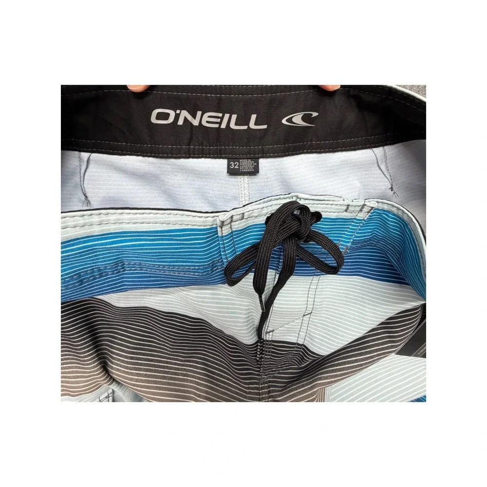 ONeill Hyperfreak Mens Board Shorts Blue Grey Striped Swim Trunks Size 32